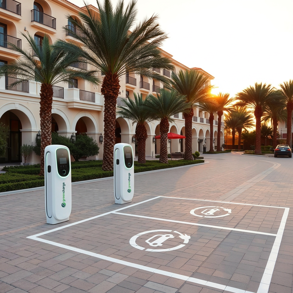Close-up of an electric vehicle charging with GreenCharge logo