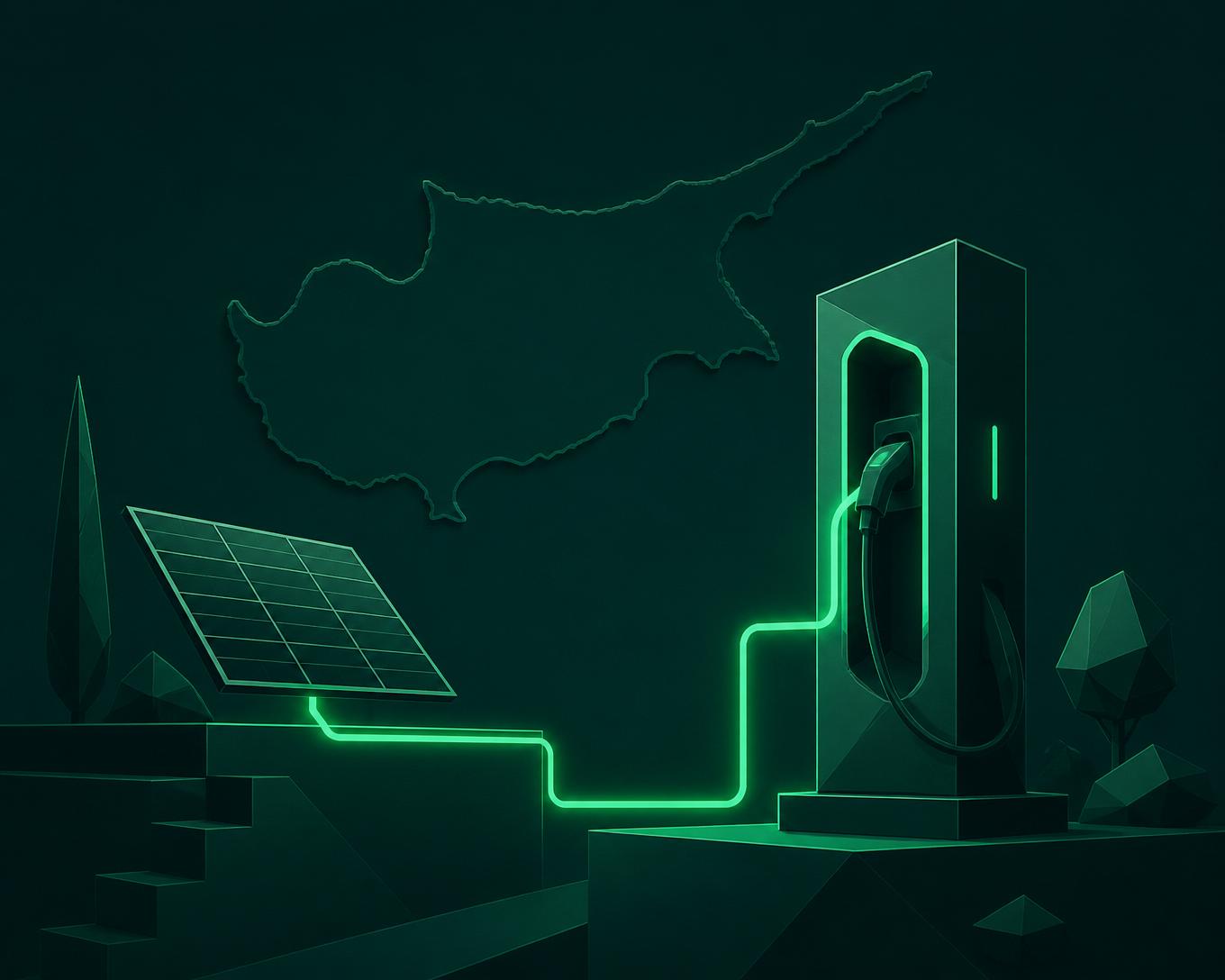 GreenCharge brand illustration — solar to charger flow across Cyprus