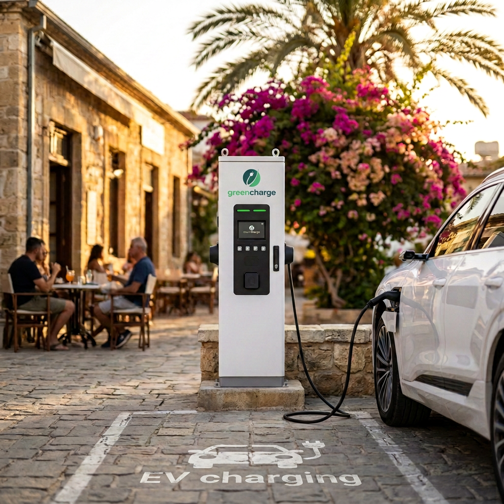 GreenCharge public charger at a Cyprus café plaza with an EV connected